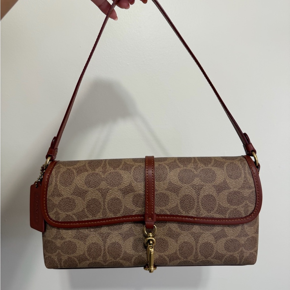 Coach Brown Signature Canvas Shoulder Bag with Leather Trim
